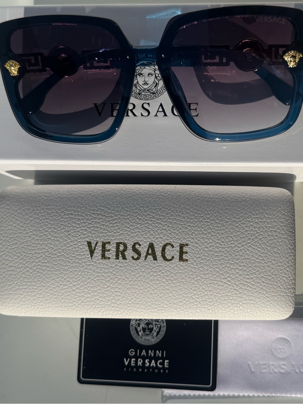 Blue Oversized Square Sunglasses | Luxe Gold Accent Designer Inspired Shades - Picture 5 of 9